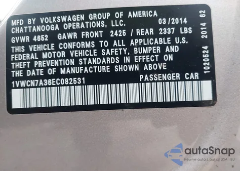 2014 Volkswagen Passat 2.0L Tdi Sel Premium from USA, damaged, VIN 1VWCN7A36EC082531